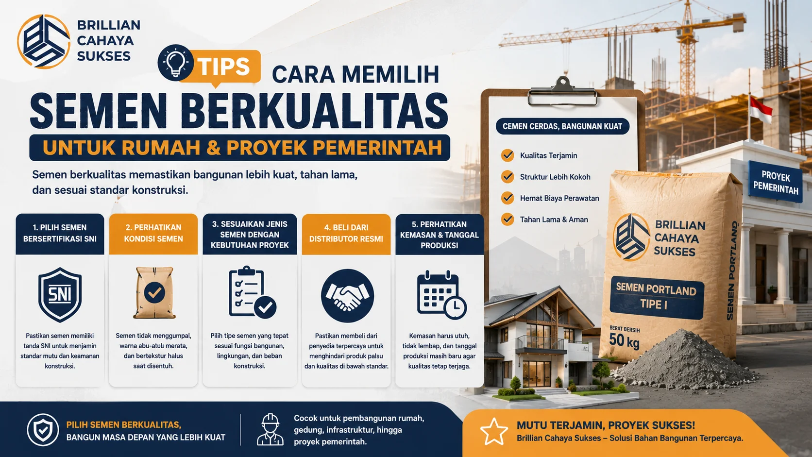 Banner informatif tentang tips memilih semen berkualitas untuk rumah dan proyek pemerintah, menampilkan checklist pemilihan semen, serta ilustrasi pembangunan rumah dan gedung konstruksi.