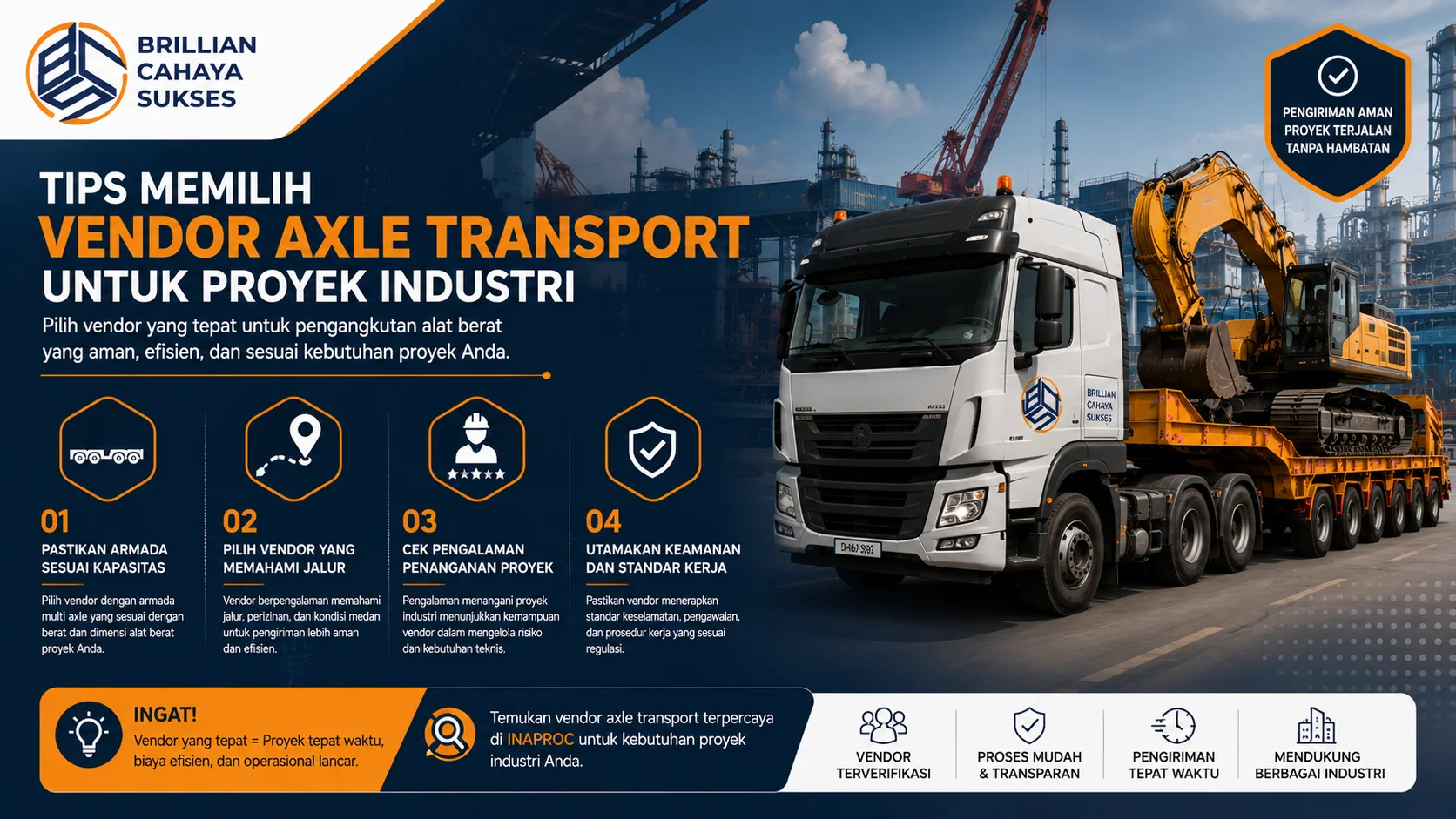 Banner tips memilih vendor axle transport dengan ilustrasi truk multi axle mengangkut excavator di area industri untuk mendukung pengiriman alat berat yang aman dan efisien.