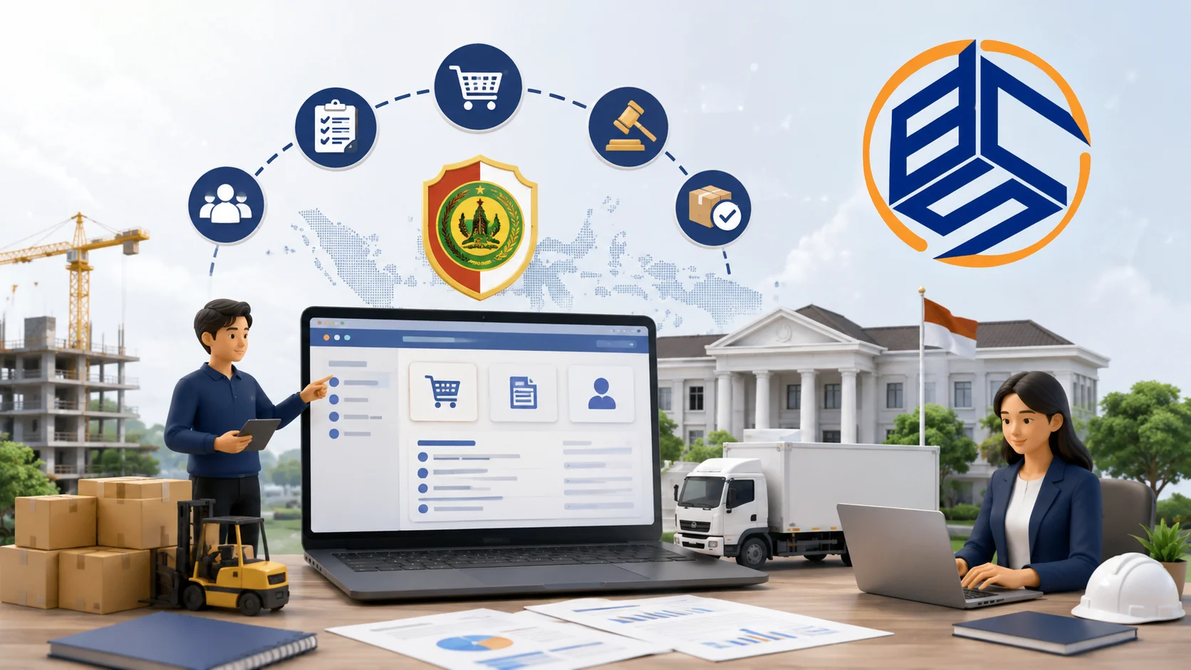 Ilustrasi pengadaan Inaproc Kabupaten Mojokerto dengan sistem e-procurement pemerintah, proses pengadaan barang dan jasa, serta logo Brillian Cahaya Sukses