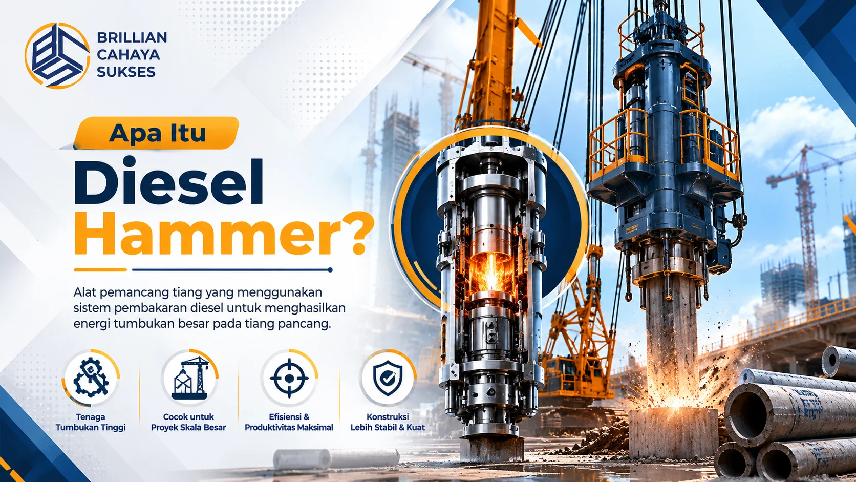 Diesel hammer sedang melakukan proses pemancangan tiang pada proyek konstruksi, menampilkan alat pemancang berukuran besar dengan sistem pembakaran diesel yang menghasilkan tenaga tumbukan tinggi untuk pekerjaan pondasi.