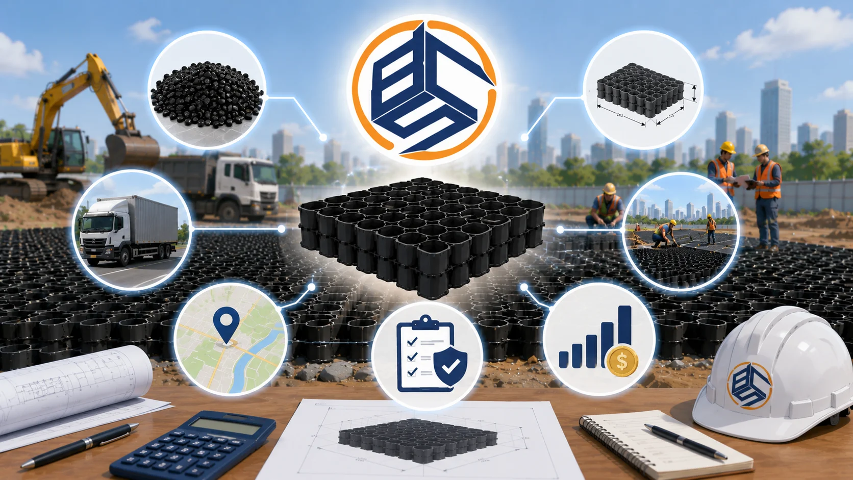 Ilustrasi faktor yang memengaruhi harga geobox untuk proyek konstruksi dengan logo Brilian Cahaya Sukses