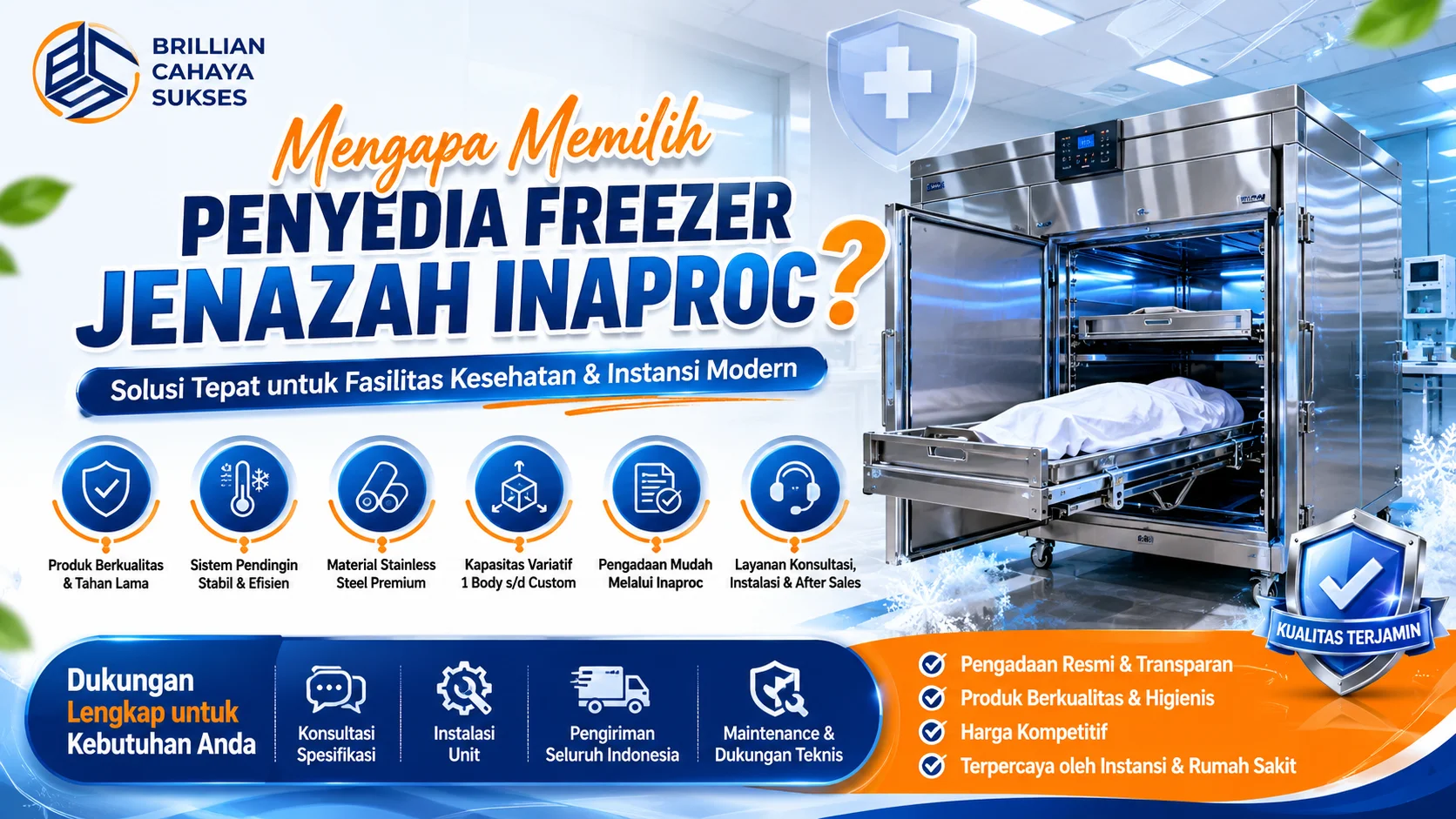 Banner Penyedia Freezer Jenazah Inaproc berkualitas dengan unit freezer stainless steel modern untuk rumah sakit dan fasilitas kesehatan.