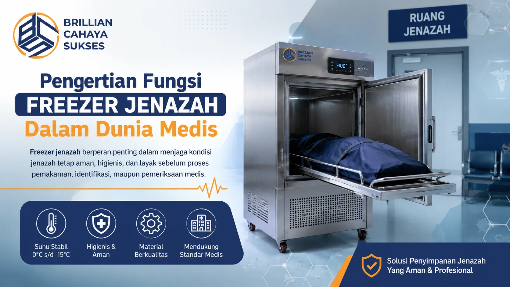 Ilustrasi freezer jenazah medis berbahan stainless steel di ruang penyimpanan rumah sakit, menggambarkan fungsi freezer jenazah untuk menjaga kondisi jenazah tetap aman, higienis, dan sesuai standar medis.