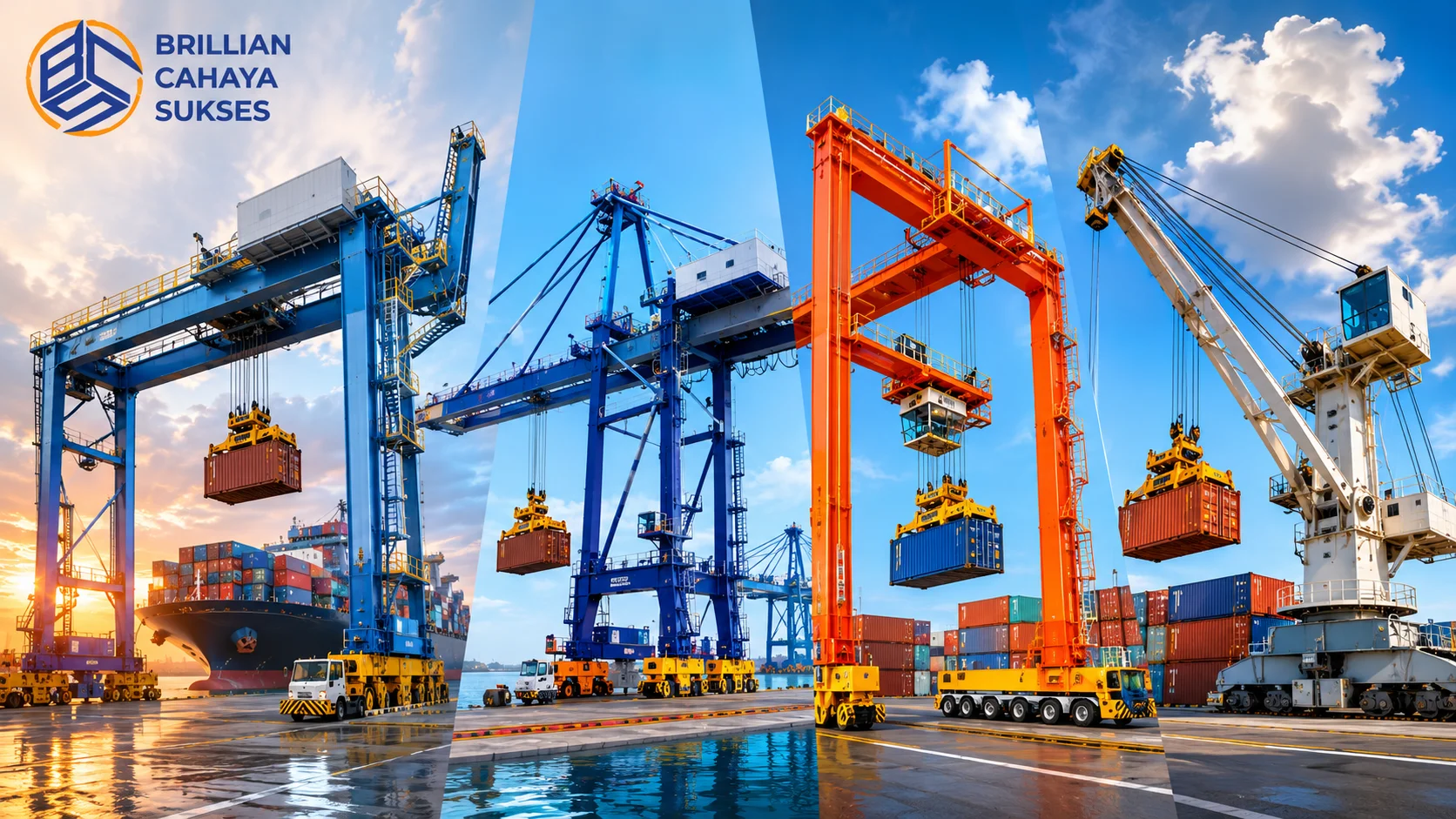 Ilustrasi beberapa pilihan container crane modern di area pelabuhan peti kemas untuk mendukung pengadaan Kemenhub melalui Inaproc.
