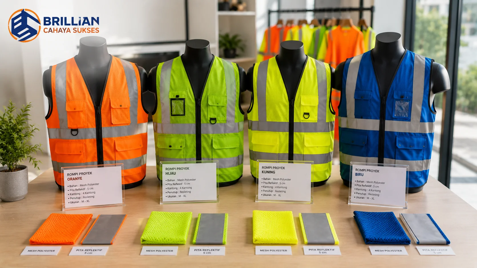 Foto realistis berbagai jenis rompi proyek berwarna oranye, hijau, kuning, dan biru dengan pita reflektif, label spesifikasi, sampel material, serta logo Brillian Cahaya Sukses.