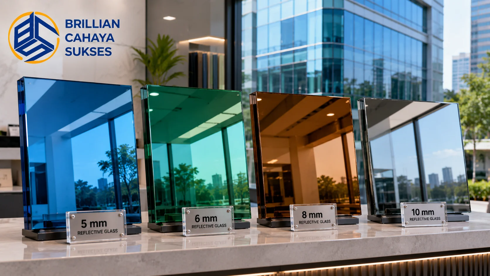 Sampel kaca reflektif warna blue, green, bronze, dan silver dengan pilihan ketebalan 5 mm, 6 mm, 8 mm, dan 10 mm di showroom material bangunan modern, dilengkapi logo Brillian Cahaya Sukses.