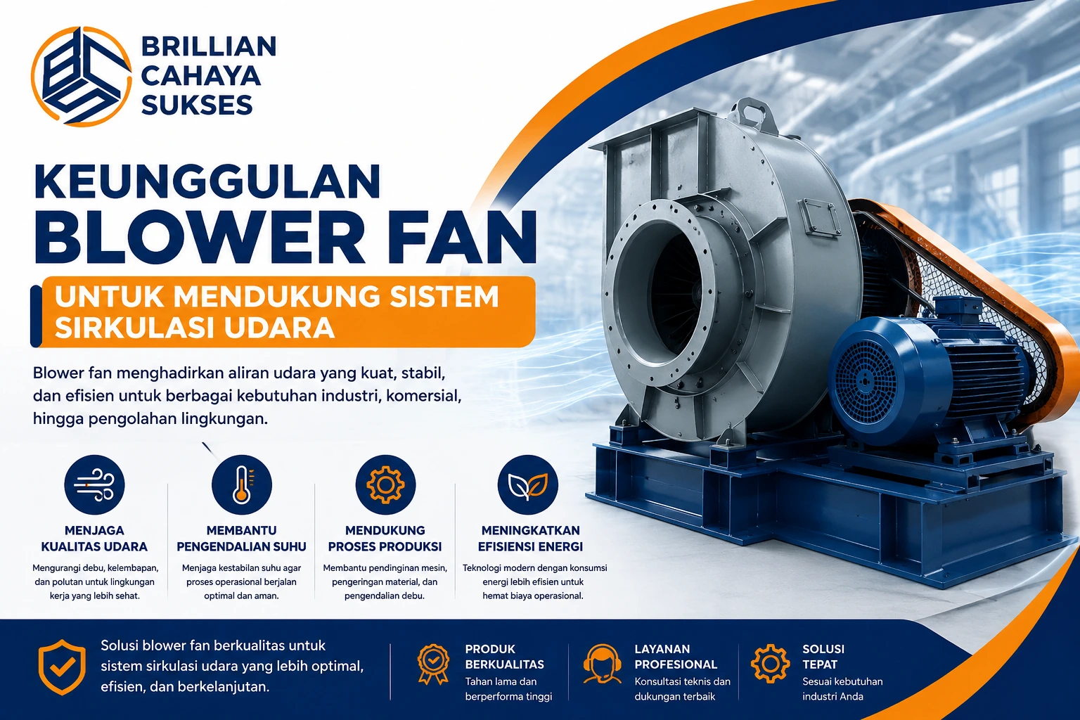 Keunggulan blower fan untuk mendukung sistem sirkulasi udara pada industri, ventilasi bangunan, fasilitas lingkungan, dan area produksi dengan solusi berkualitas dari Brillian Cahaya Sukses.