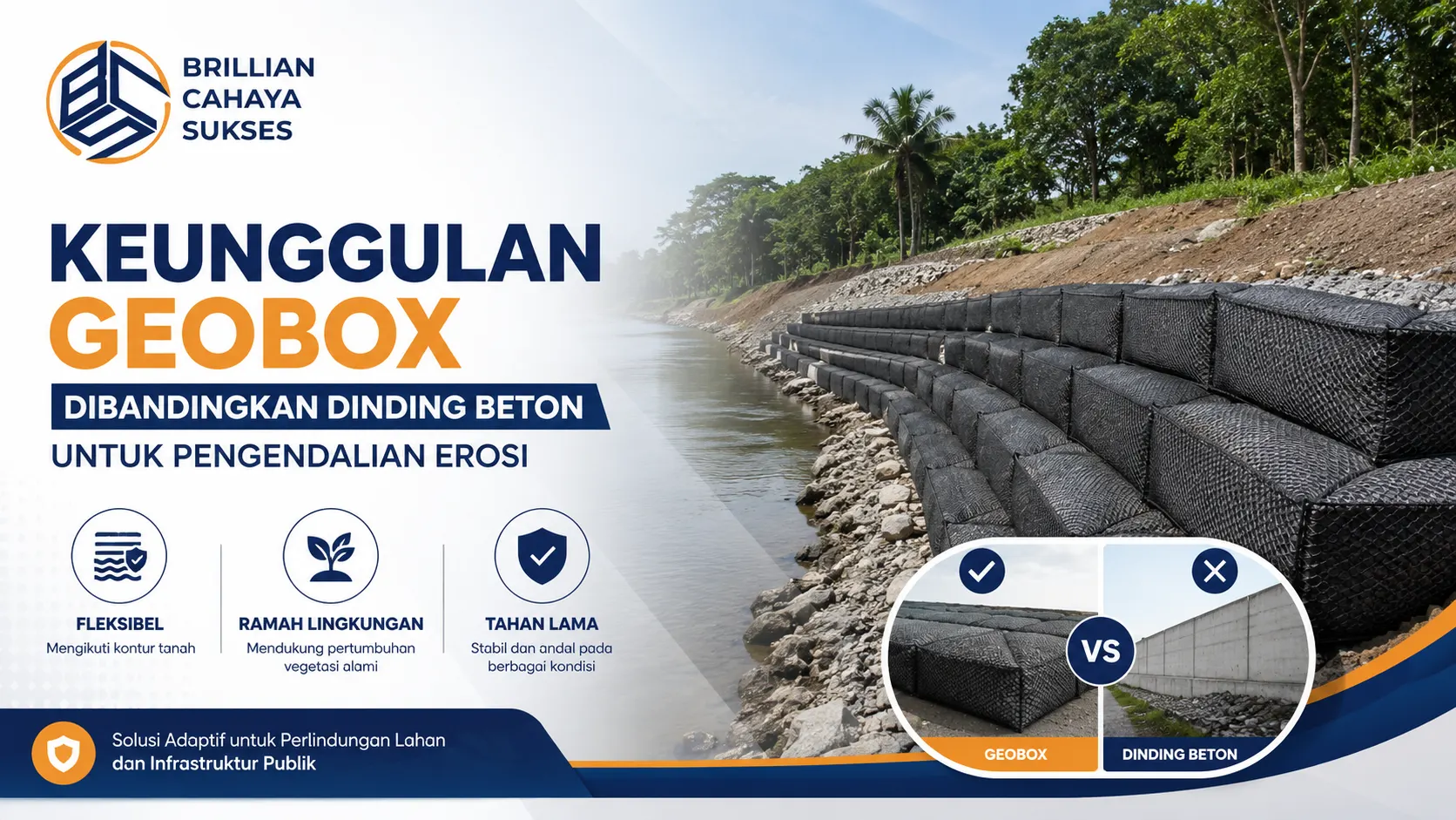 Keunggulan Geobox dibandingkan dinding beton untuk pengendalian erosi pada area sungai dan perlindungan infrastruktur