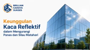 Keunggulan kaca reflektif dalam mengurangi panas dan silau matahari dengan logo Brilian Cahaya Sukses dan tampilan bangunan modern berkaca reflektif