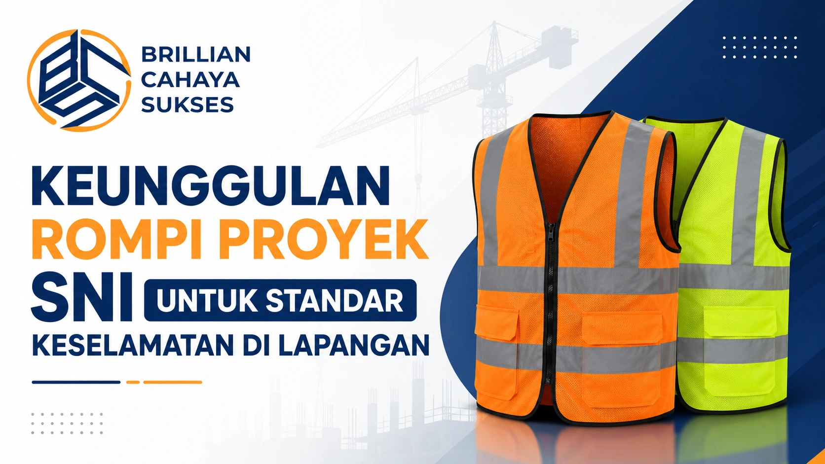 Keunggulan Rompi Proyek SNI untuk standar keselamatan di lapangan dengan ilustrasi rompi safety reflektif dan logo Brillian Cahaya Sukses.