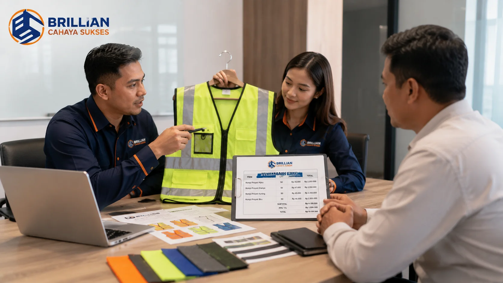Foto realistis tim penjualan Brillian Cahaya Sukses memberikan konsultasi spesifikasi dan penawaran harga rompi proyek kepada klien di ruang rapat profesional dengan sampel material dan katalog produk.
