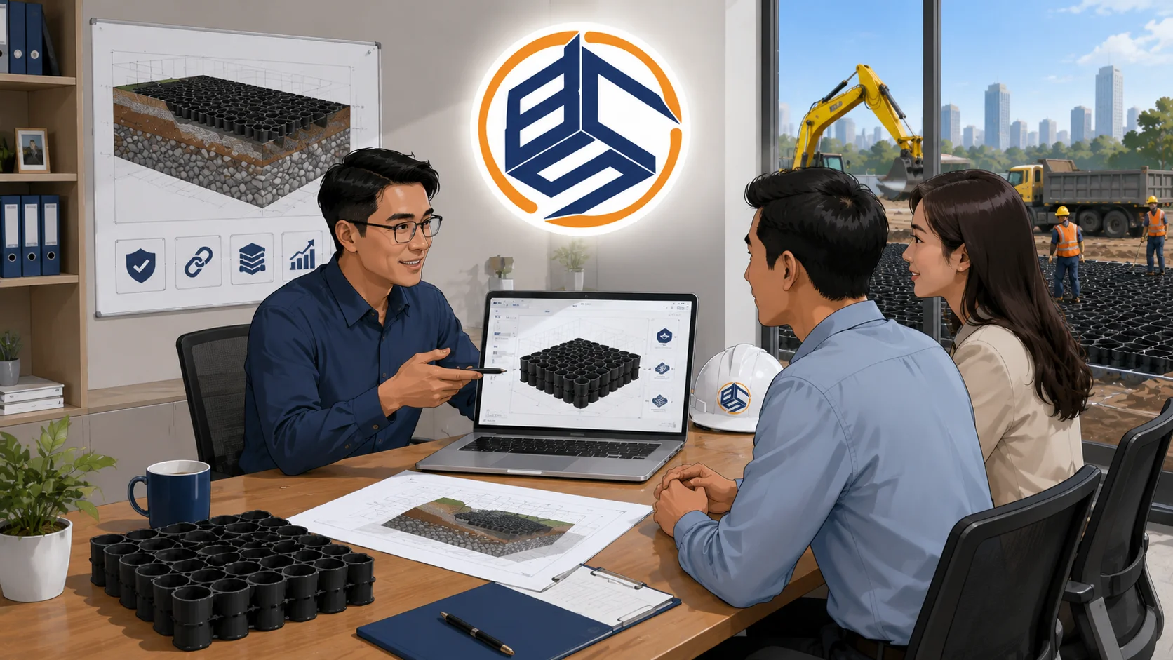 Ilustrasi konsultasi kebutuhan geobox untuk proyek konstruksi bersama Brilian Cahaya Sukses