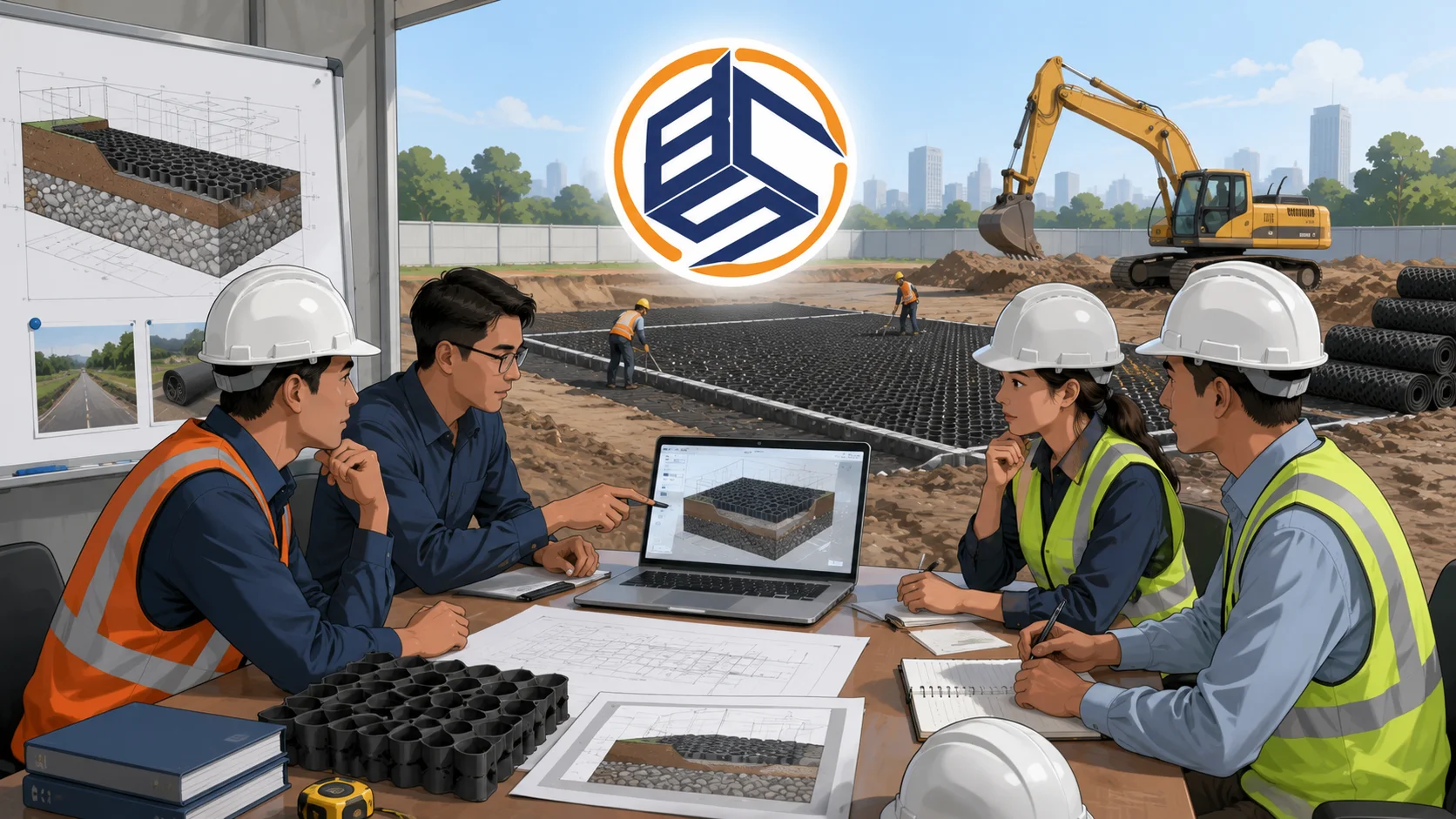Ilustrasi konsultasi kebutuhan geobox sebelum pengadaan untuk proyek konstruksi dengan logo Brilian Cahaya Sukses