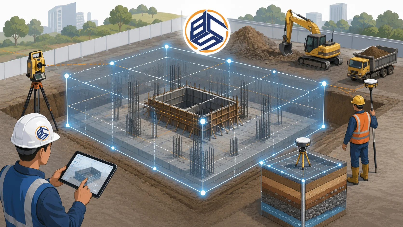 Ilustrasi penggunaan geobox dalam proyek konstruksi untuk stabilisasi tanah dan pondasi dengan logo Brilian Cahaya Sukses