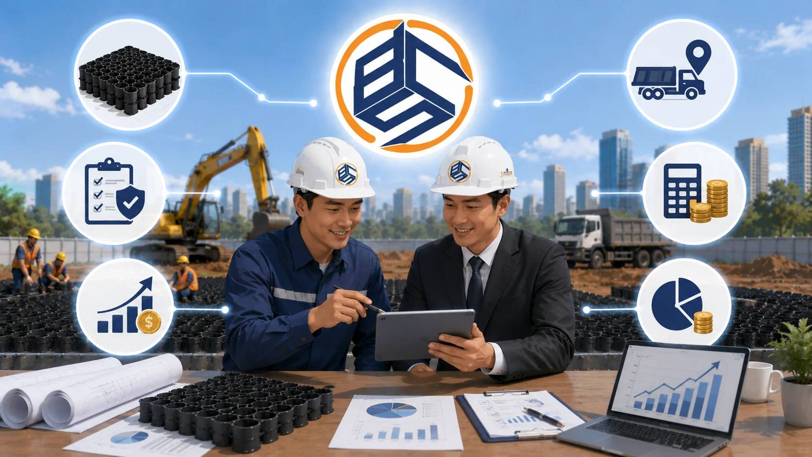 Ilustrasi pentingnya memahami harga geobox untuk perencanaan proyek konstruksi dengan logo Brilian Cahaya Sukses