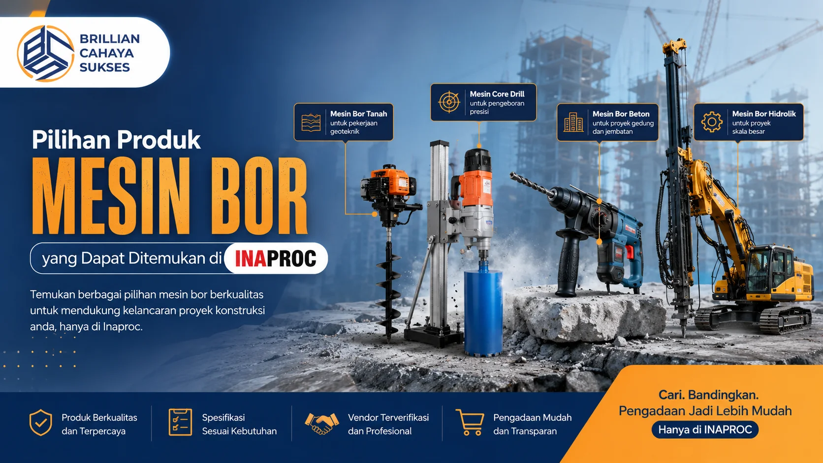 Ilustrasi berbagai jenis mesin bor konstruksi seperti mesin bor beton, bor tanah, core drill, dan bor hidrolik untuk kebutuhan pengadaan proyek Kementerian PUPR melalui Inaproc.