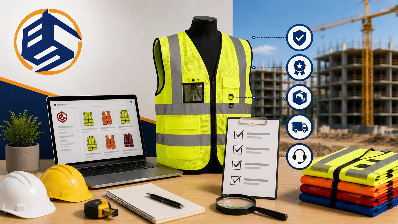Ilustrasi panduan memilih penyedia rompi proyek INAPROC dari Brillian Cahaya Sukses dengan rompi safety, daftar evaluasi, laptop pengadaan, dan perlengkapan K3 untuk kebutuhan proyek konstruksi.