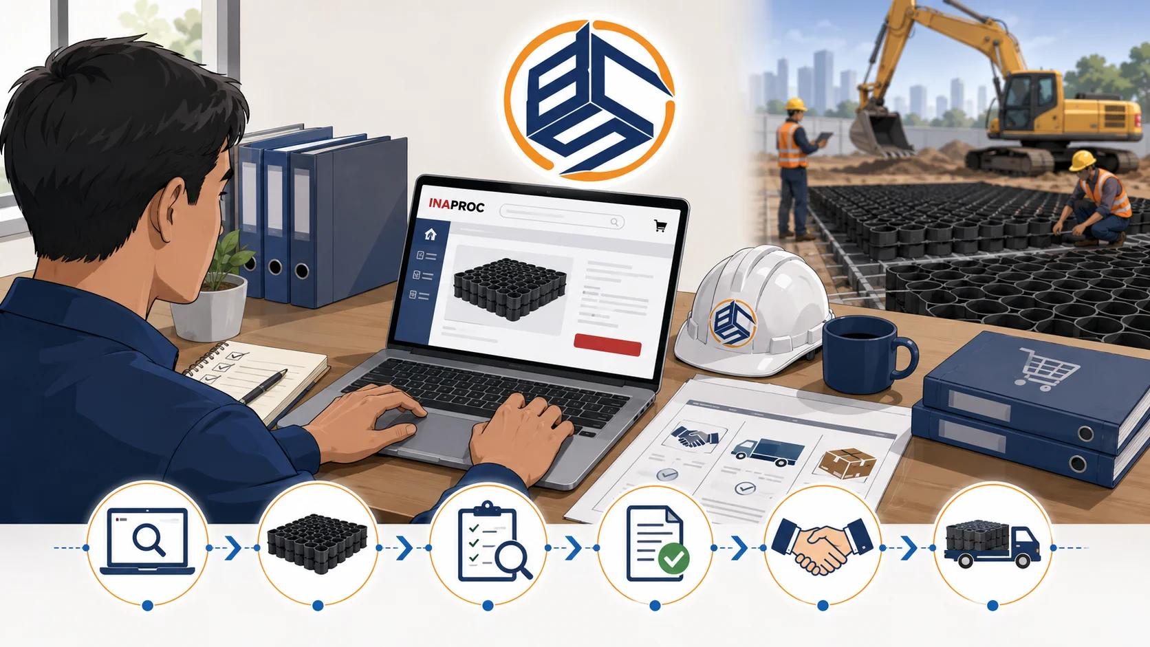 Ilustrasi panduan pengadaan geobox melalui INAPROC dengan proses pemesanan digital dan logo Brilian Cahaya Sukses