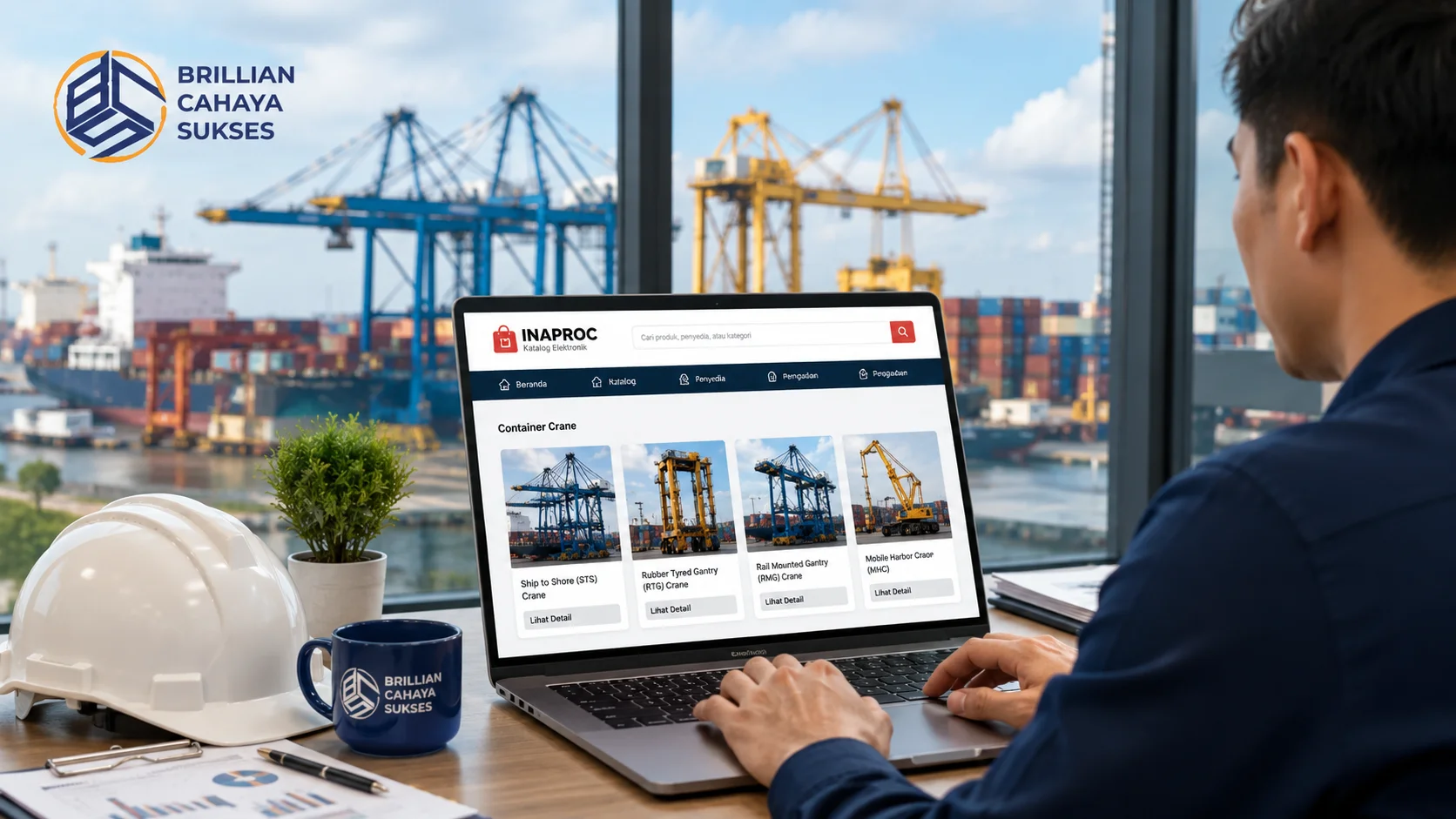 Ilustrasi proses pengadaan container crane melalui platform INAPROC untuk mendukung kebutuhan operasional terminal peti kemas secara efisien.