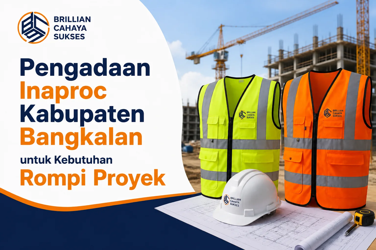 Ilustrasi Pengadaan Inaproc Kabupaten Bangkalan untuk kebutuhan rompi proyek berkualitas dari Brillian Cahaya Sukses dengan rompi keselamatan reflektif di area konstruksi.