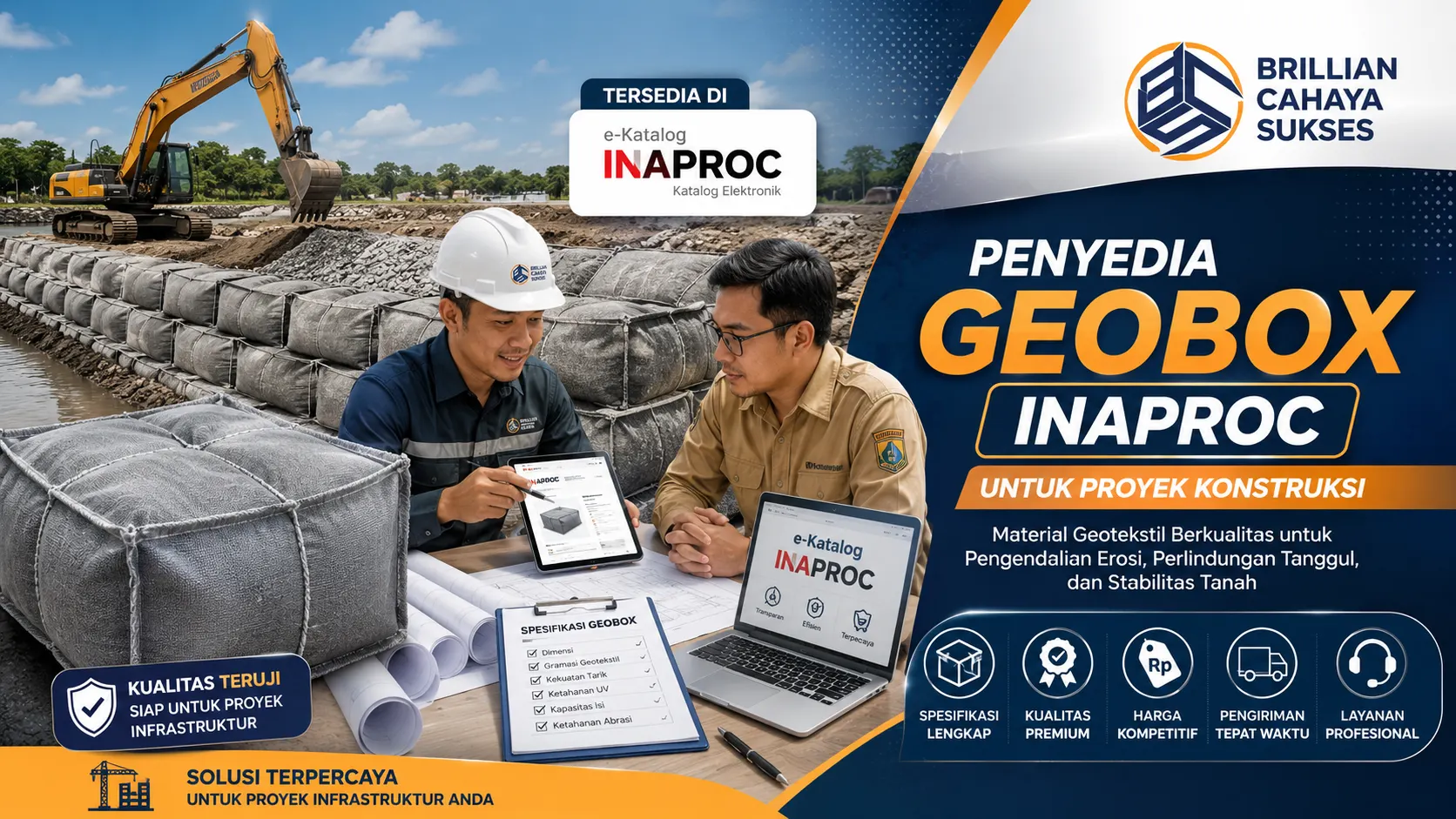 Penyedia Geobox Inaproc untuk proyek konstruksi yang menampilkan material geobox berkualitas, proses konsultasi pengadaan, dan solusi geotekstil melalui e-Katalog INAPROC.