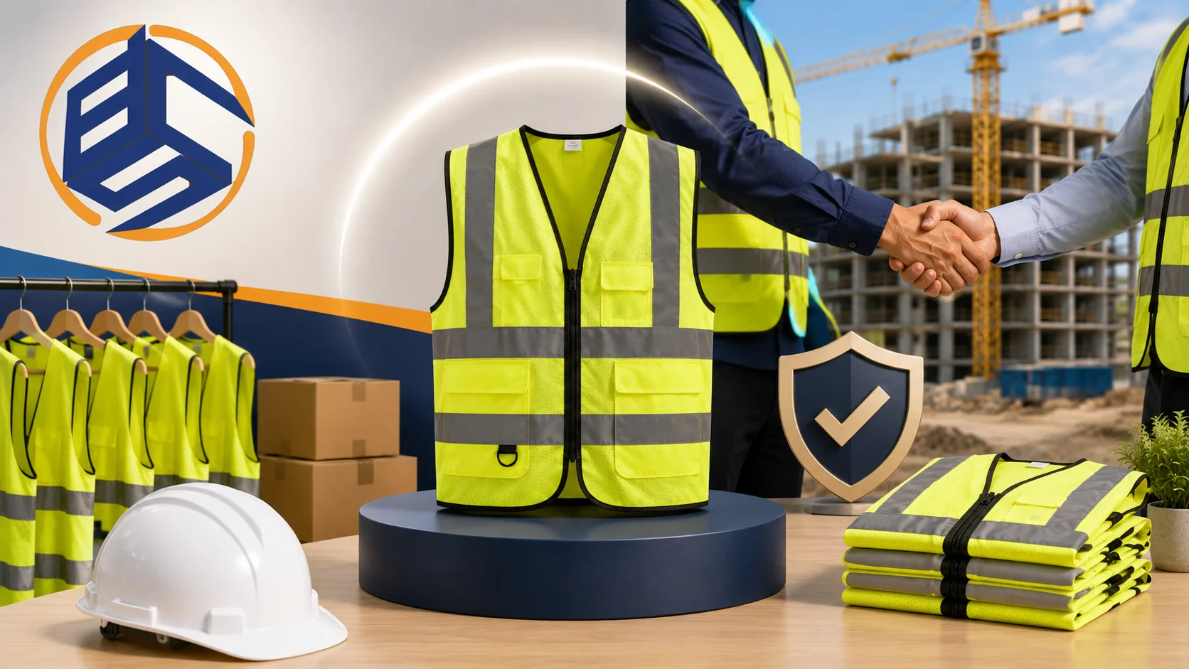 Ilustrasi Brillian Cahaya Sukses sebagai penyedia rompi proyek berkualitas dengan rompi safety, helm proyek, simbol kualitas, dan suasana proyek konstruksi.