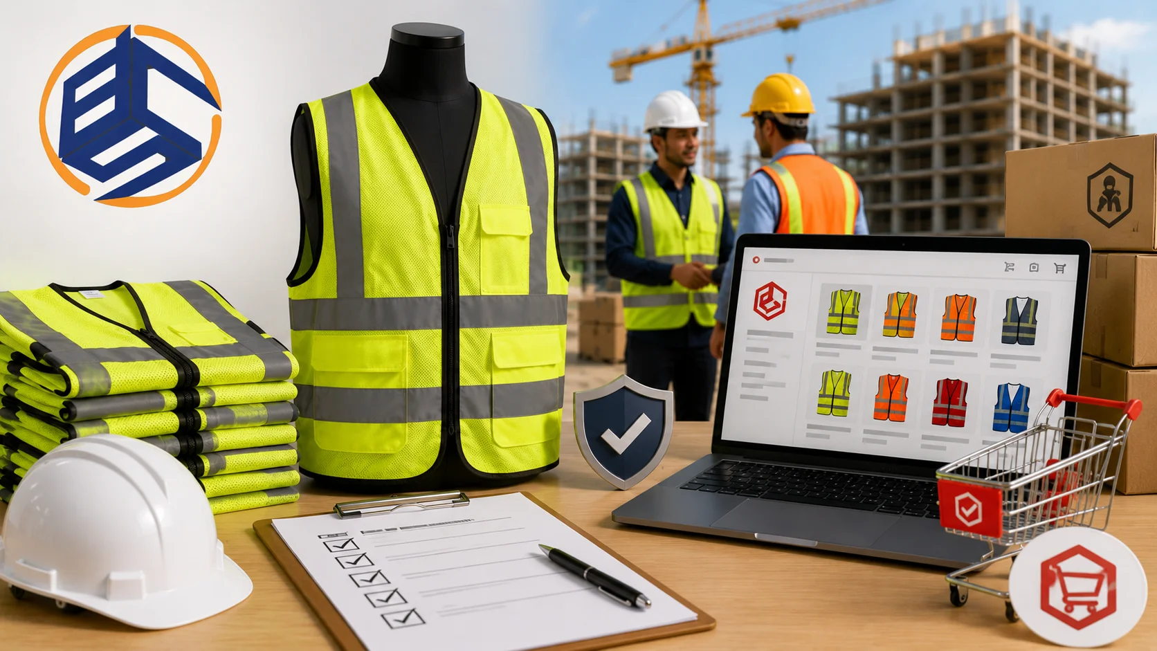 Ilustrasi penyedia rompi proyek INAPROC dari Brillian Cahaya Sukses dengan rompi safety, helm proyek, proses pengadaan digital, dan perlengkapan keselamatan kerja untuk mendukung proyek konstruksi
