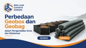 Perbedaan geobox vs geobag dalam pengendalian erosi dan reklamasi dengan ilustrasi produk geobox geobag serta logo Brillian Cahaya Sukses