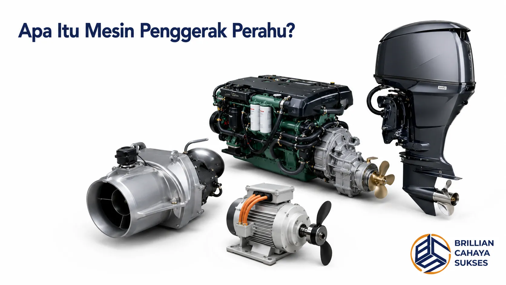 Mesin penggerak perahu berbagai jenis, termasuk mesin tempel, mesin dalam, mesin jet, dan motor listrik, ditampilkan secara realistis dengan latar belakang putih bersih.