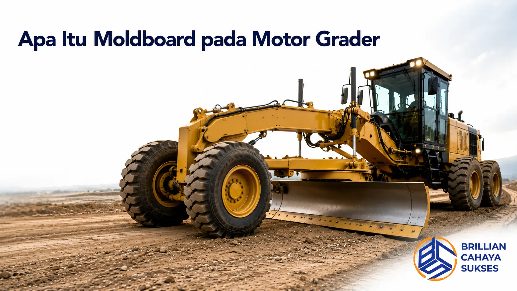 Close-up moldboard pada motor grader yang digunakan untuk memotong, memindahkan, dan meratakan material pada pekerjaan grading konstruksi.