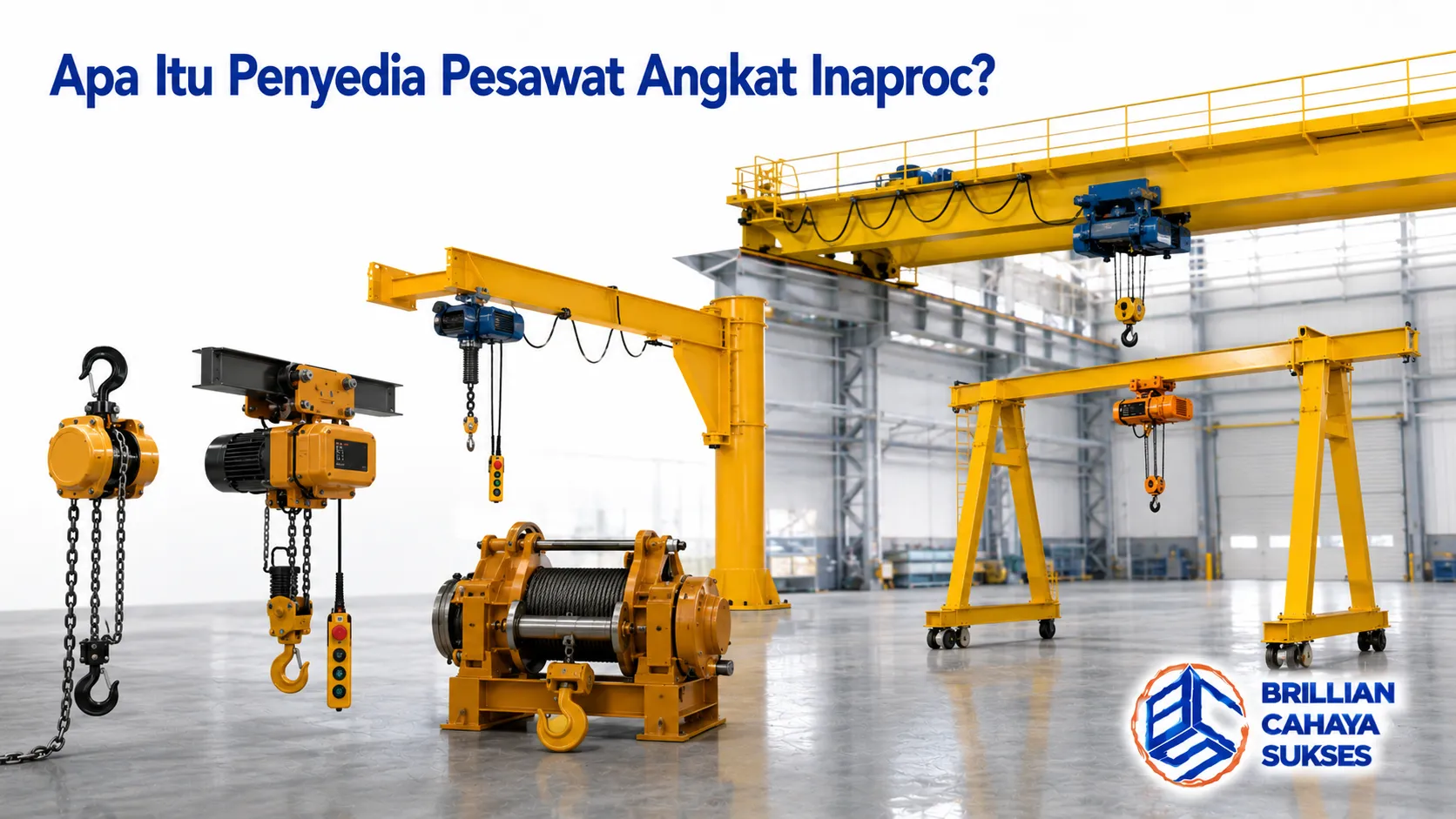 Berbagai jenis pesawat angkat ditampilkan sebagai ilustrasi solusi pengadaan melalui penyedia Pesawat Angkat Inaproc untuk kebutuhan industri dan pemerintah.