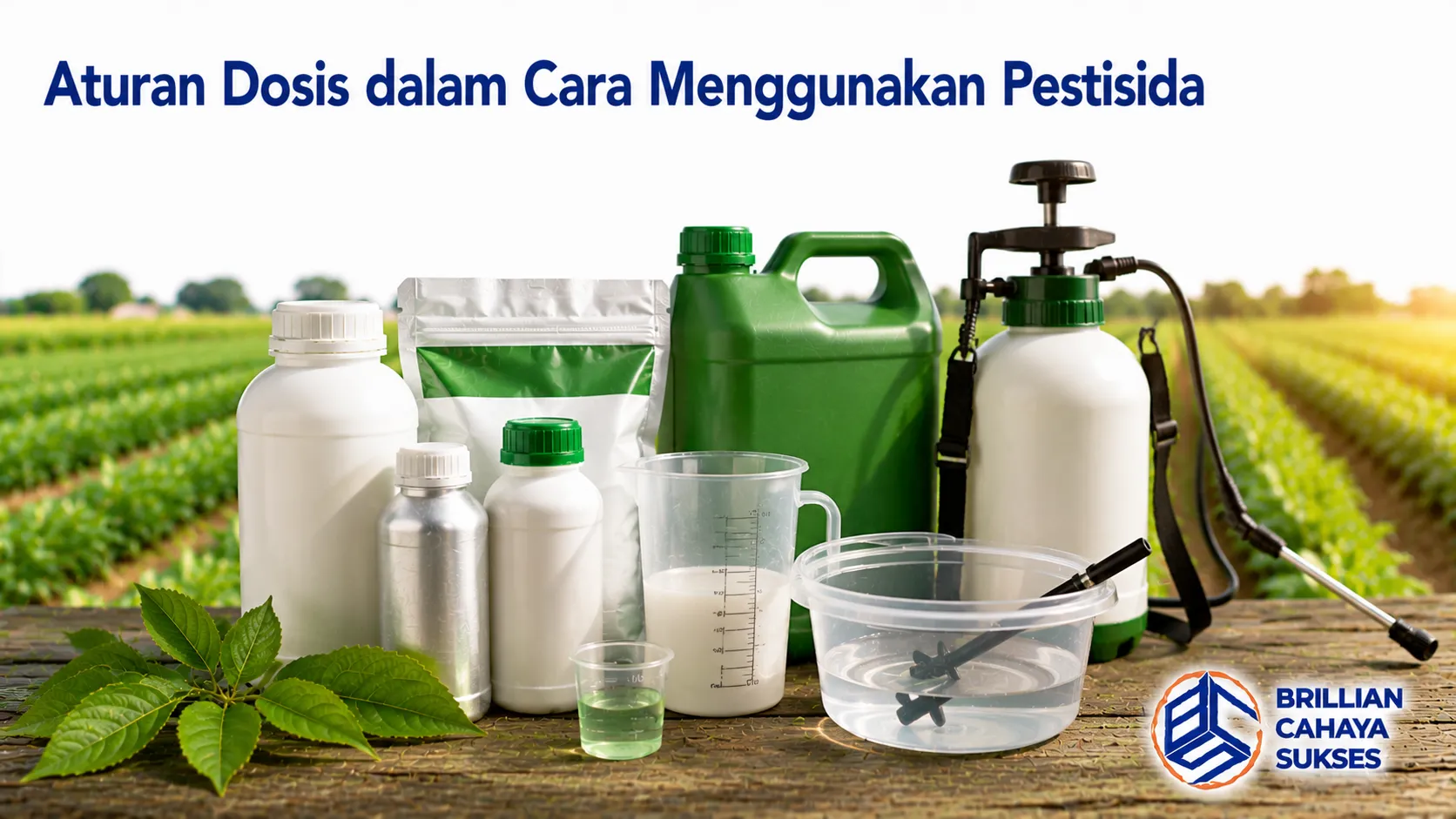 Produk pestisida beserta alat ukur sebagai ilustrasi pentingnya mengikuti aturan dosis saat menggunakan pestisida di lahan pertanian.