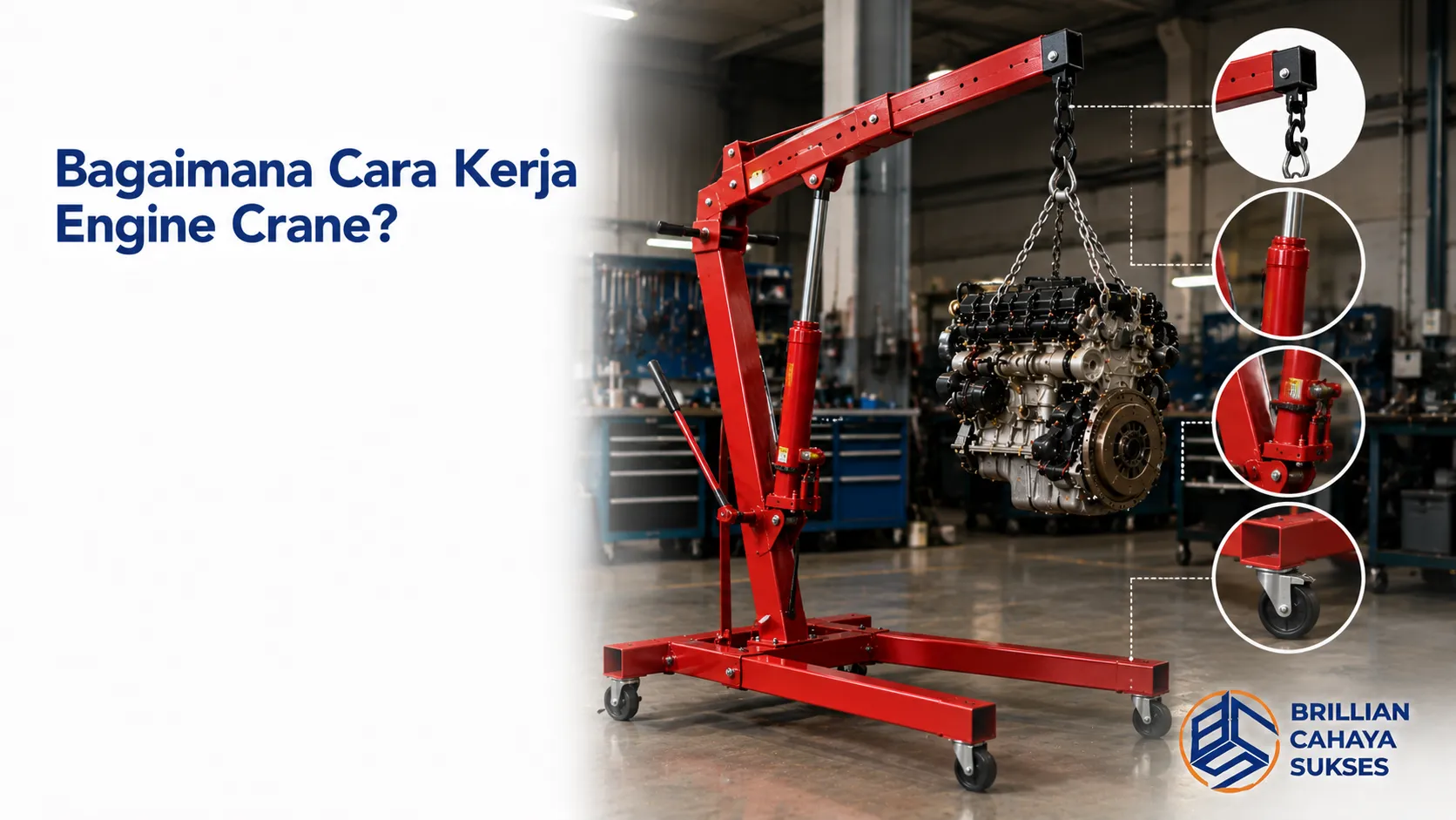 Engine crane hidrolik mengangkat mesin menggunakan sistem hidrolik untuk proses pengangkatan yang aman dan presisi.