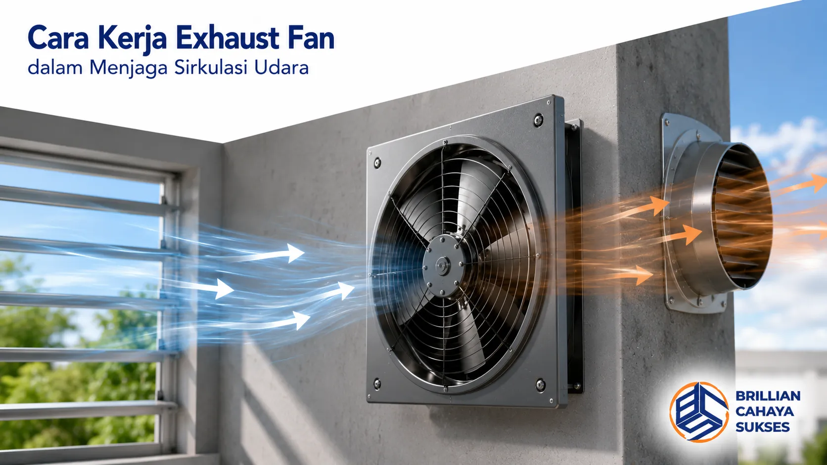 Exhaust fan industri yang bekerja menjaga sirkulasi udara dengan mengeluarkan udara panas dan menggantinya dengan udara segar dari luar ruangan.