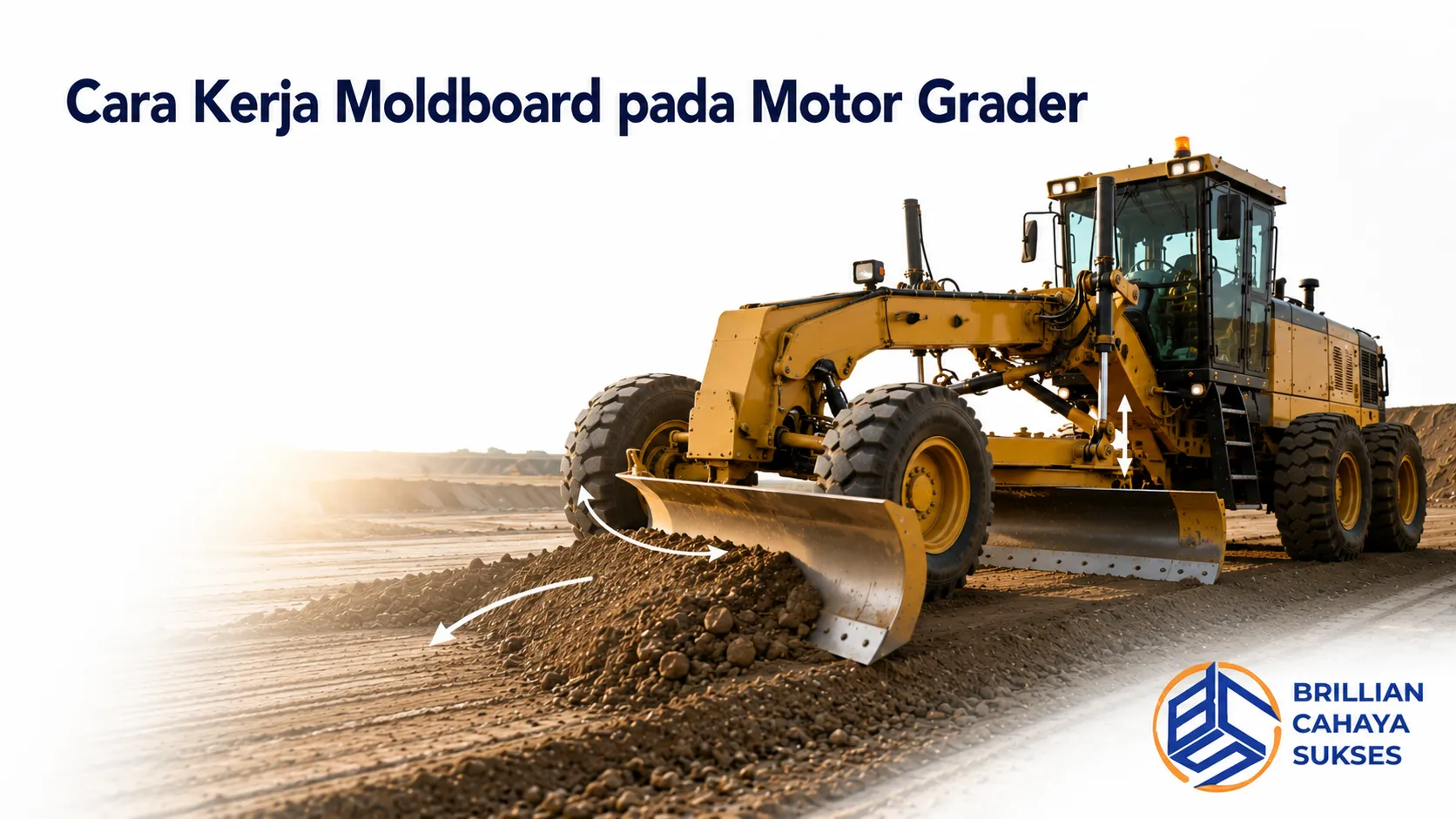 Moldboard pada motor grader mengatur arah perpindahan material untuk menghasilkan proses grading yang presisi dan permukaan tanah yang rata.