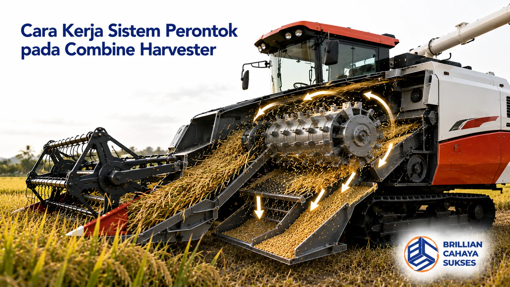 Sistem perontok pada combine harvester bekerja melepaskan bulir padi dari tanaman sebagai bagian utama proses panen mekanis.