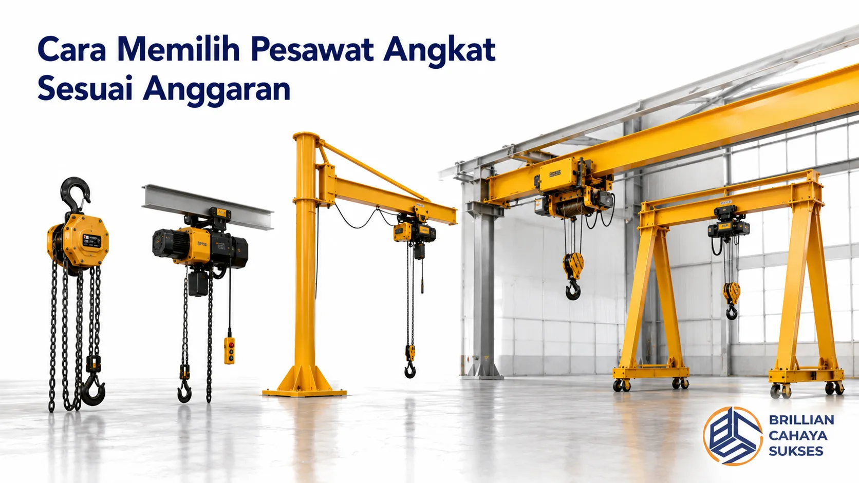 Beragam pesawat angkat industri dengan tipe dan kapasitas berbeda untuk membantu memilih alat yang sesuai anggaran dan kebutuhan operasional.