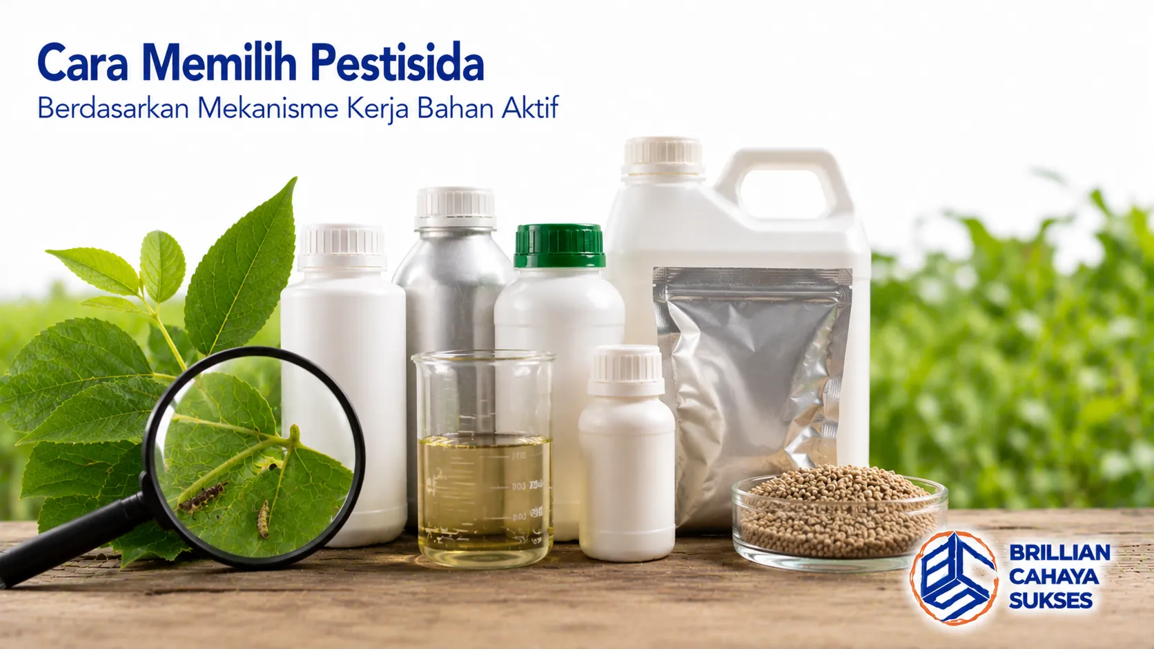 Berbagai produk pestisida ditampilkan sebagai ilustrasi pemilihan pestisida berdasarkan mekanisme kerja bahan aktif untuk pengendalian hama yang tepat.