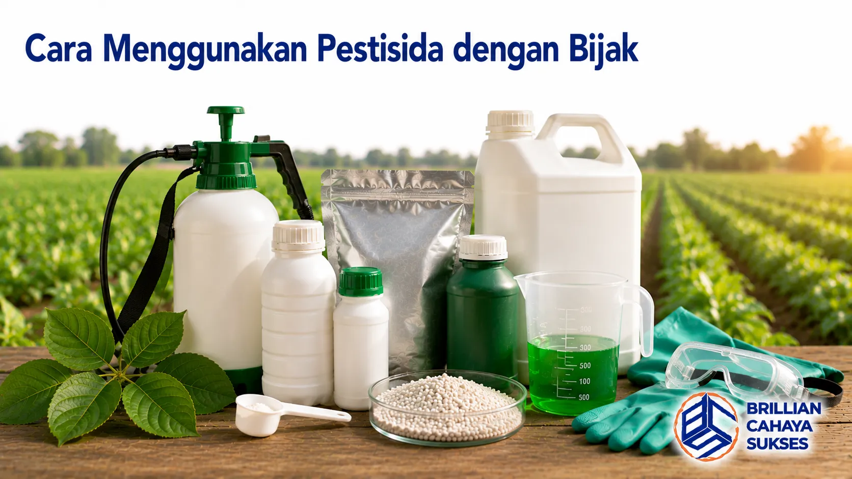 Produk pestisida dan perlengkapan aplikasi sebagai ilustrasi penggunaan pestisida yang tepat untuk mendukung perlindungan tanaman.