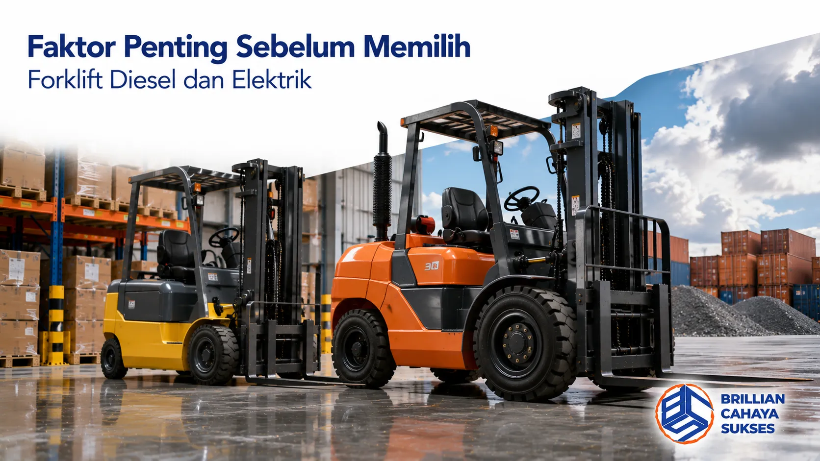Forklift diesel dan forklift elektrik di area pergudangan sebagai ilustrasi pertimbangan memilih forklift sesuai kebutuhan operasional.