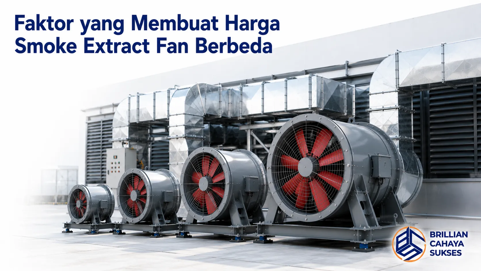 Berbagai smoke extract fan industri dengan kapasitas dan spesifikasi berbeda untuk kebutuhan sistem ventilasi dan pengendalian asap.