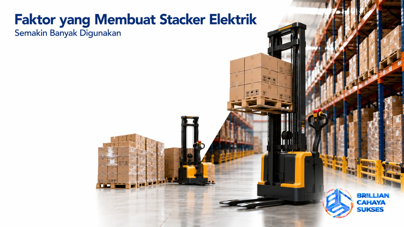 Stacker elektrik digunakan di gudang modern untuk meningkatkan efisiensi pemindahan dan penataan barang.