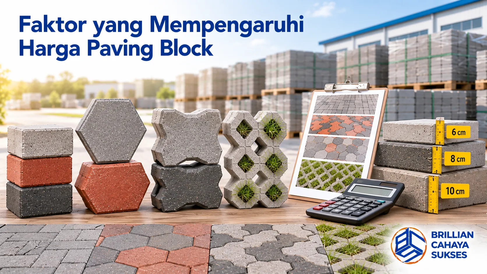 Faktor yang memengaruhi harga paving block berdasarkan jenis, ketebalan, dan mutu beton.