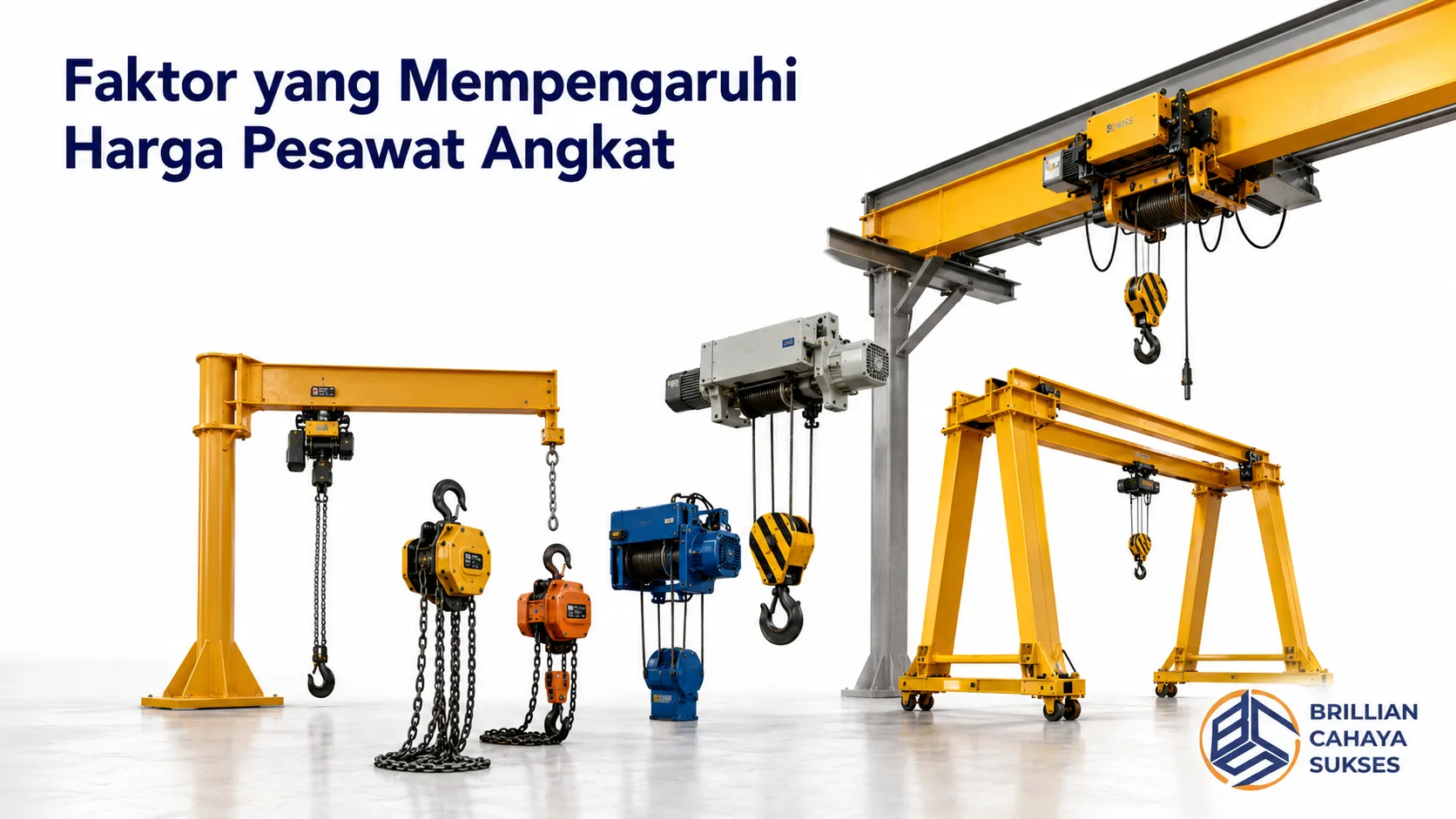 Beragam jenis pesawat angkat industri dengan kapasitas dan spesifikasi berbeda sebagai faktor yang memengaruhi harga alat angkat.