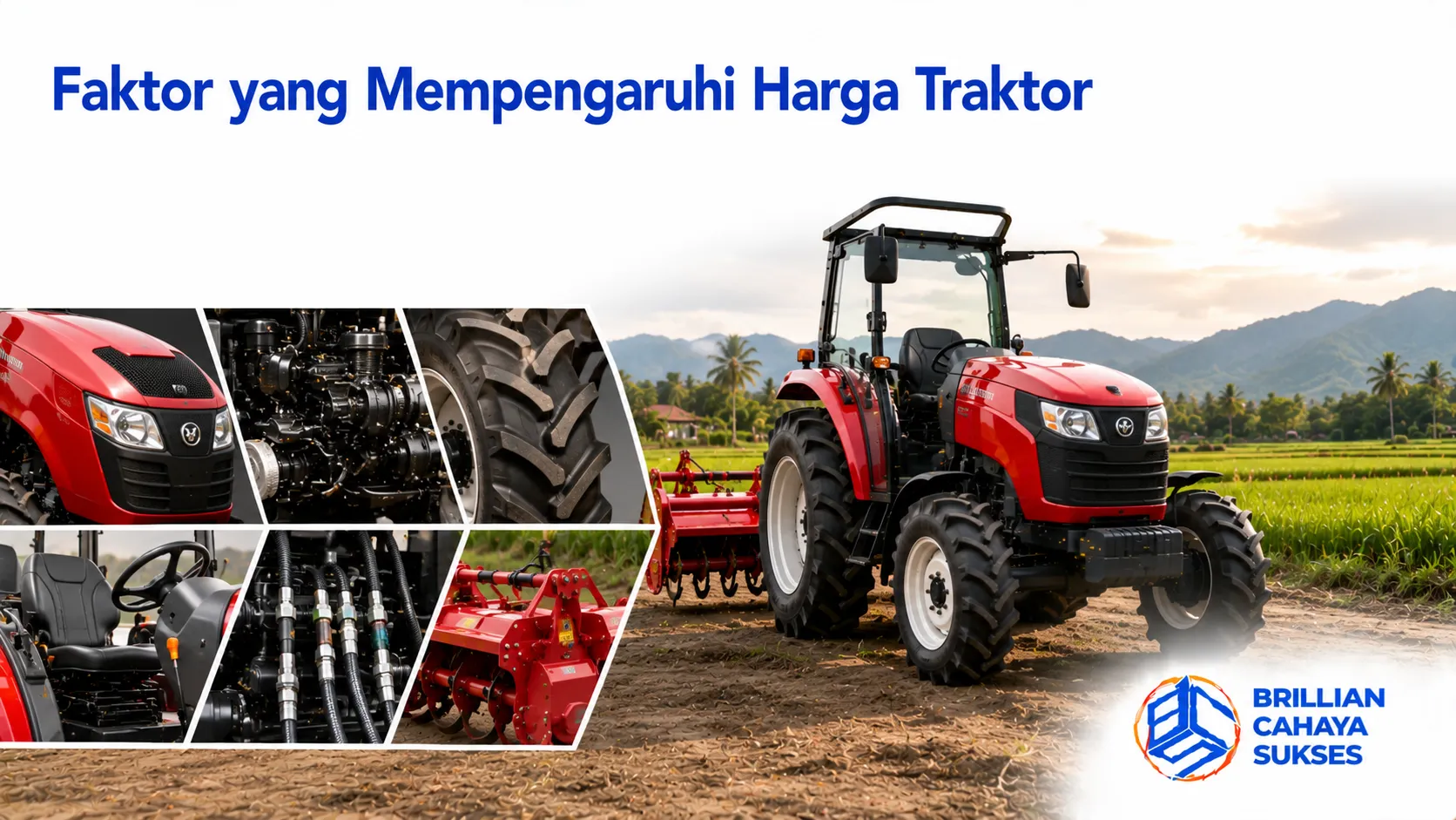 Traktor pertanian modern dengan spesifikasi berbeda sebagai faktor yang memengaruhi harga dan nilai investasi.