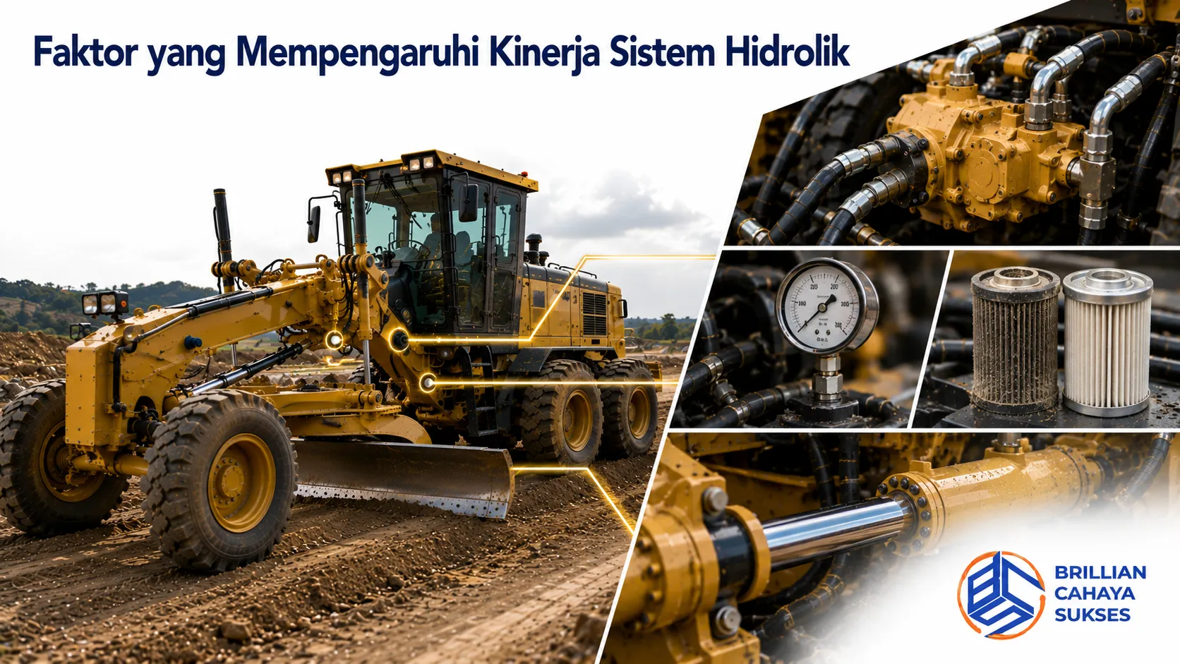 Sistem hidrolik motor grader dengan komponen utama yang bekerja menjaga respons blade tetap stabil dan presisi selama proses grading.
