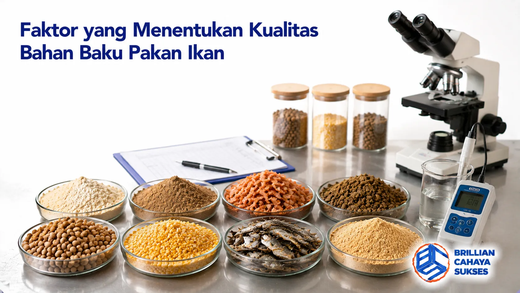 Ilustrasi bahan baku pakan ikan dengan berbagai sampel nutrisi dan alat uji kualitas untuk memastikan standar pakan budidaya.