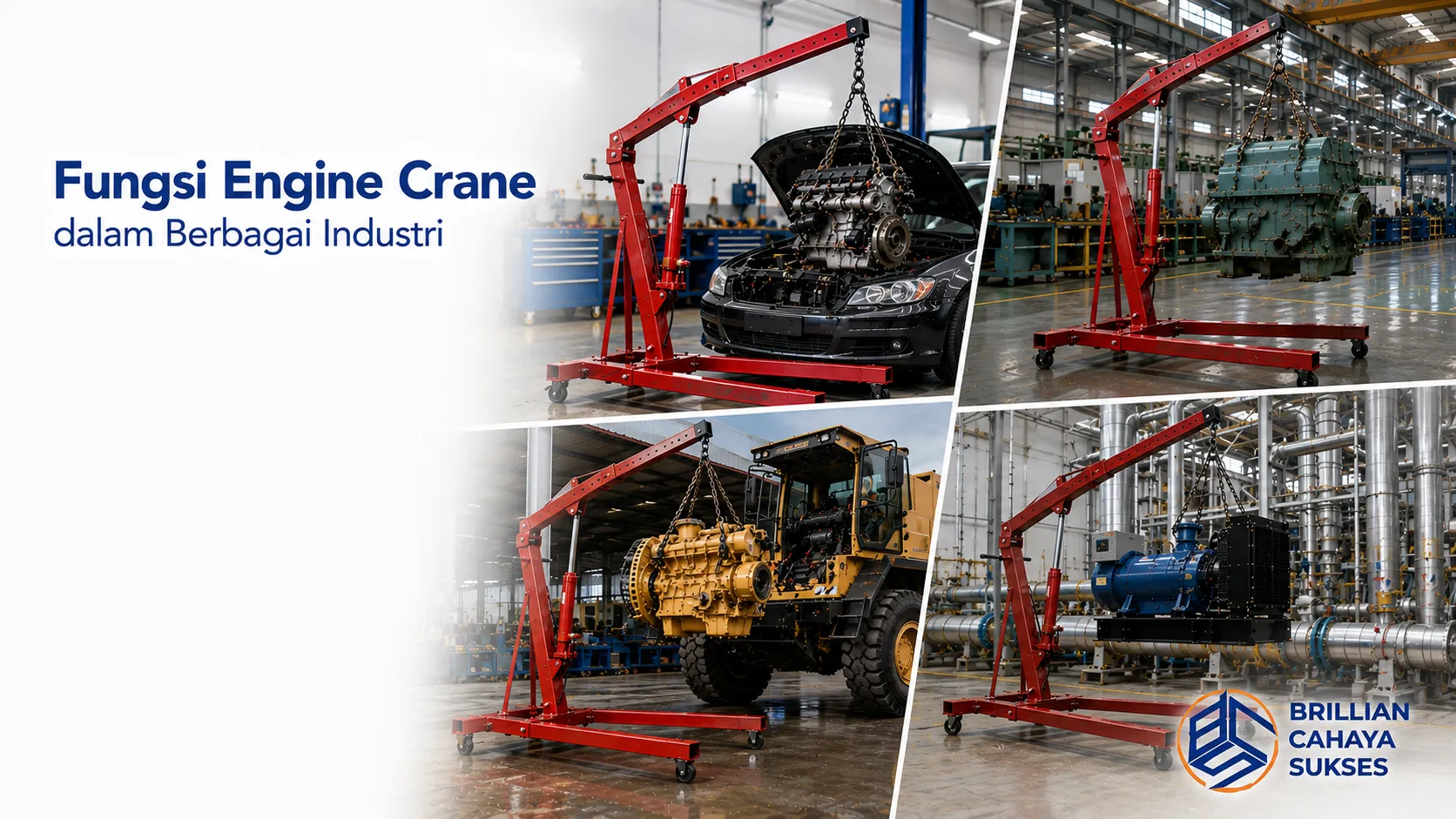 Engine crane digunakan untuk mengangkat dan memindahkan mesin serta komponen berat di berbagai sektor industri.