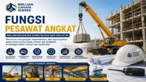 Fungsi pesawat angkat dalam kegiatan konstruksi menggunakan crane untuk mengangkat material berat secara aman dan efisien.