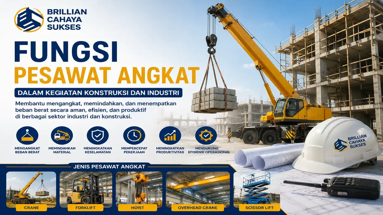 Fungsi pesawat angkat dalam kegiatan konstruksi menggunakan crane untuk mengangkat material berat secara aman dan efisien.